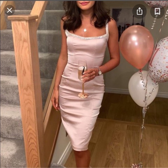 House of CB Camilla Champagne Satin Dress with Hand Sewn Crystals - Picture 2 of 13